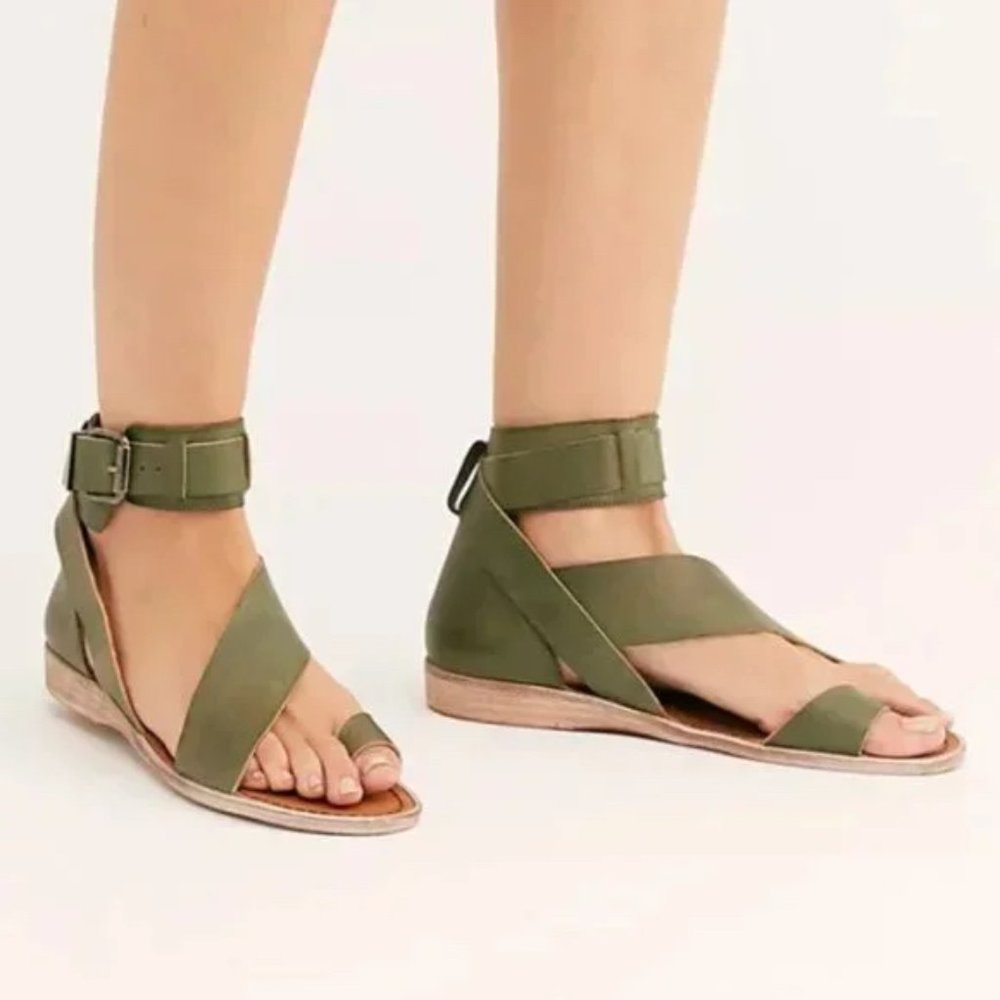Green Leather Free People Vale Boot Sandal in Khaki